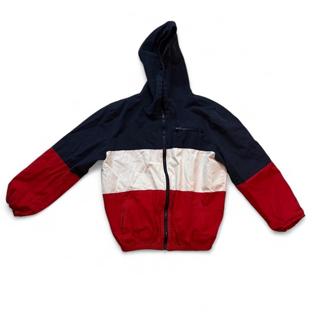 Navy, White & Red Windbreaker Jacket With Hood